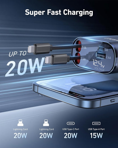 iPhone Car Charger 4 in 1 Fast USB Car Phone Charger 20W Double Lightning Retractable Cables 31.5 Inch and 2 USB Ports Car Charger Adapter for iPhone 14/13/12 Pro Max/XR/XS,Samsung,Pixel,iPad