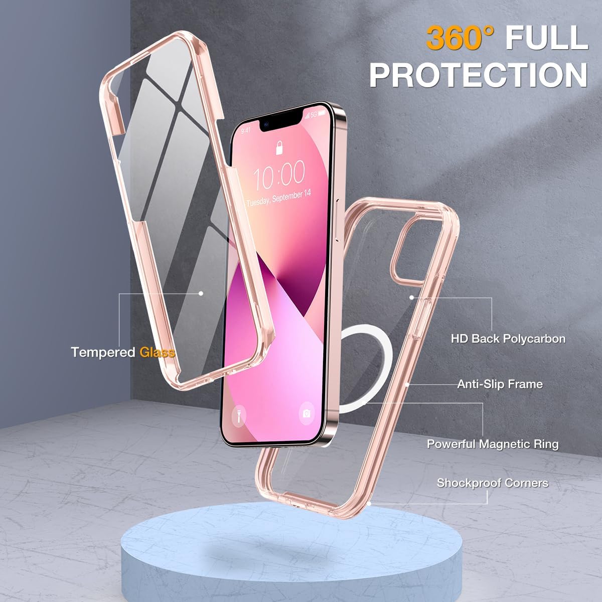 Miracase for iPhone 13 Case 6.1'', [Bubble Free] Full-Body Bumper Phone case with Built-in Full Glass Screen,No Gap,Compatible with MagSafe,Clear Pink