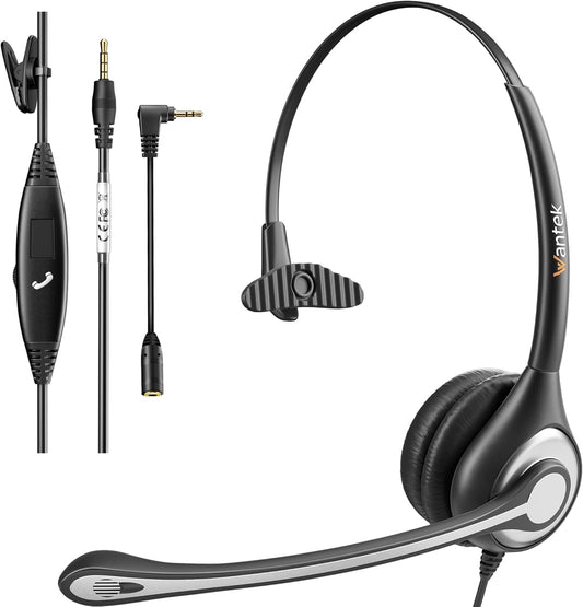 Wantek Cell Phone Headset Mono with Noise Canceling Mic, Wired Computer Headphone for iPhone Samsung Huawei HTC LG ZTE BlackBerry Smartphones and Laptop PC Mac Tablet with 3.5mm Jack(F600J35)