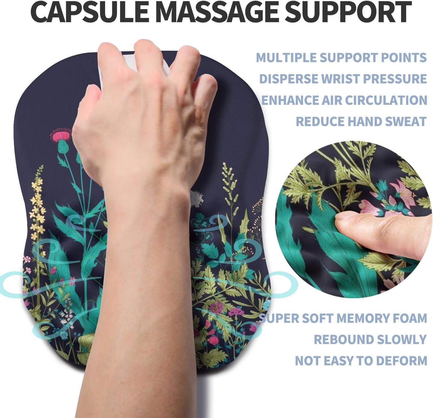 Ergonomic Raised Mouse Pad Wrist Support with Bilateral Slope Memory Foam Mousepad for Wrist Rest and Carpal Tunnel Pain Relief 11.8x7.9〃Midnight Flowers