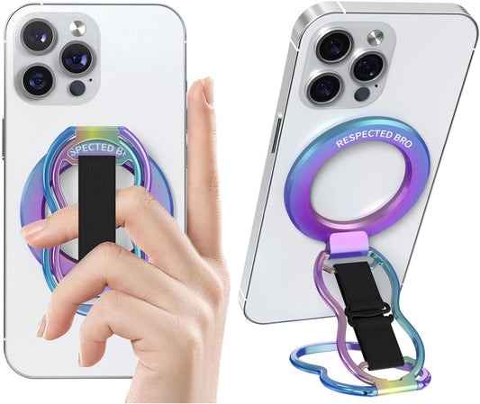 Magnetic-Phone-Grip-Stand-with-Finger-Strap, 4-in-1 Magnetic Ring Holder, Kickstand and Elastic Strap for Smartphones, Universal Fit for iPhone, Android, and Cases (Colorful)