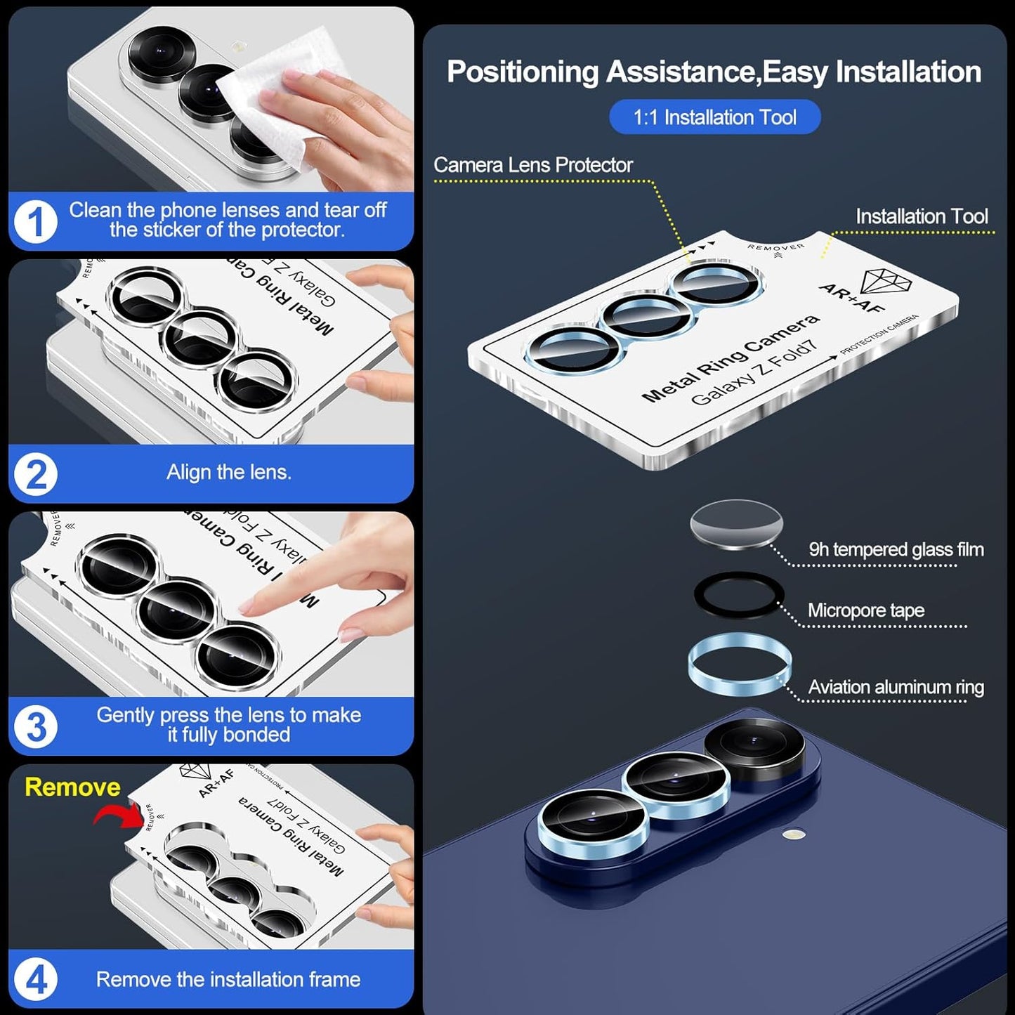 for Samsung Galaxy Z Fold 7 Camera Lens Protector, Individual Metal Ring Tempered Glass Lens Cover, [Strong Adsorption] Scratch Resistant Ultra-Thin HD Clear Lens Cover, 1 Set-Blue Ring