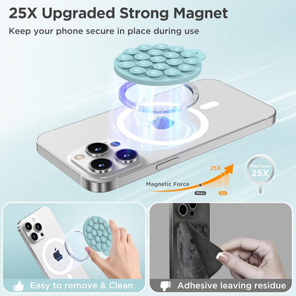 Magnetic Suction Cup Phone Mount for MagSafe Case, Silicone Hands-Free Grip Holder for iPhone and Android, Mirror Shower Phone Stand for Makeup FaceTime Gym Kitchen Bathroom, Light Cyan