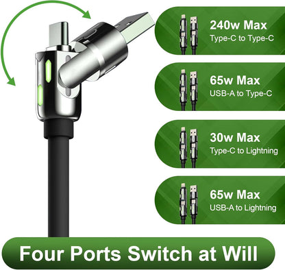 KerrKim 240W 4-in-1 Multi Fast USB Charging Cable with Breathing Light, USB A Type C Lightning Cable for iPhone 16 15 14 13 12 11 Pro Max iPad Samsung Galaxy MacBook iPad Tablets & More (6FT, Black)