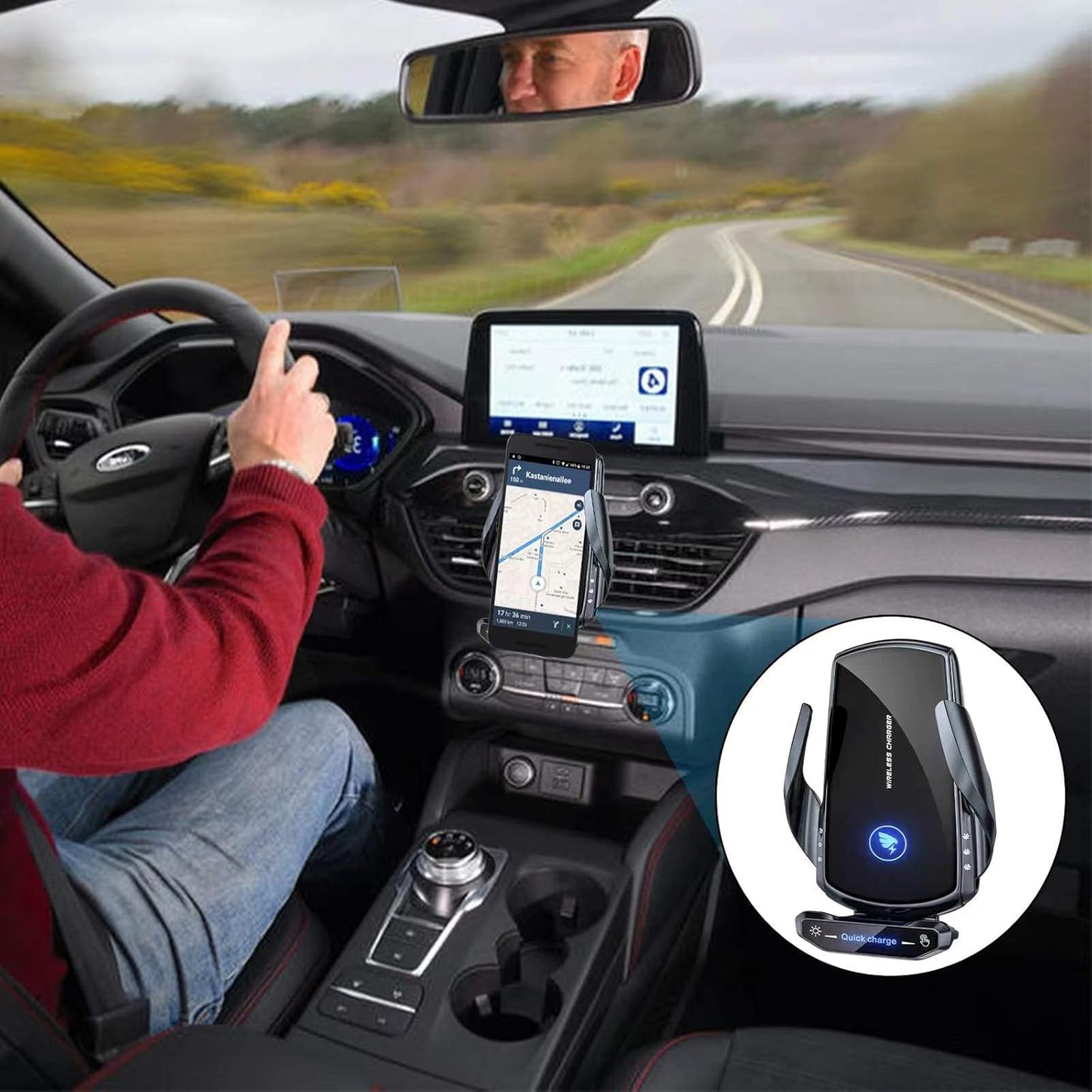 Wireless Car Charger Mount Automotive Electric Induction 15W Fast Charging Auto Clamping Car Phone Holder Mount Wireless Charging Mount Air Vent Phone Holde Compatible with All Android (Black)