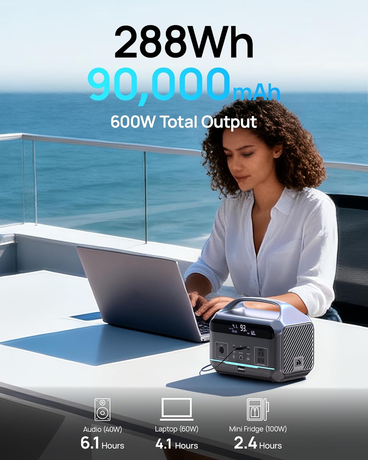 DaranEner Portable Power Station, Outdoor 288Wh(90,000mAh) LiFePO4 Battery, 600W(1200W Surge) AC Outlets, 1.7H Fast Charging Solar Generator for Camping, RV Travel, Home Use（Solar Optional)