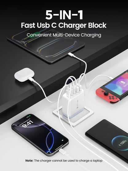 USB C Charger Block,EIZLXQ [2-Pack] Type C Charger Fast Charging,50W 5-Port USB Wall Chargers Multiport Type C Charging Block Cube for iPhone 16 15 14 13 12 11 Pro Max XS,iPad,Samsung&More-3C2A-White