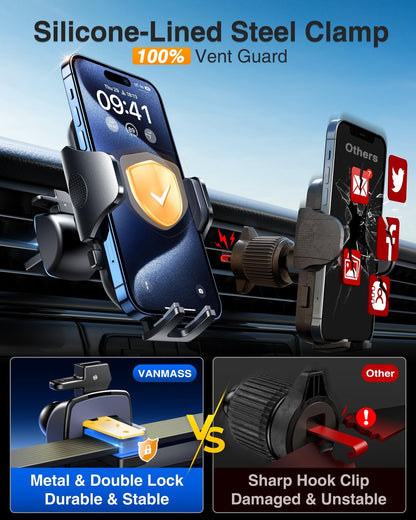 VANMASS Ultimate Car Phone Holder 2025【Military-Grade & Strongest Suction】 Phone Holder for Your Car【Patent & Safety Certs】 Windshield Dashboard Vent Cell Phone Car Mount for iPhone Samsung Android