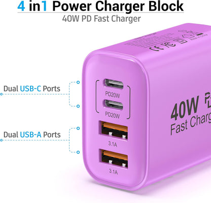 USB C Block 40W, 4 Ports Wall Plug Fast Charging Block, PD+QC Multiport Power Adapter USB C Charger Type C for iPhone 16,15,14,13,12,11, Pro Max, X, Xr, Xs, 8, 7, Watch, Galaxy Phones (Purple 1Pack)