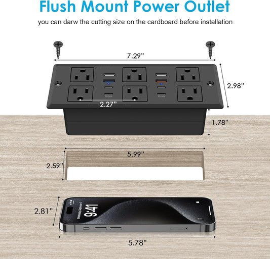 30W Recessed Power Strip USB C, Desk Flush Mount Outlet Plug in 6 AC & 8 USB Ports for Furniture Conference Power Hub, 6FT