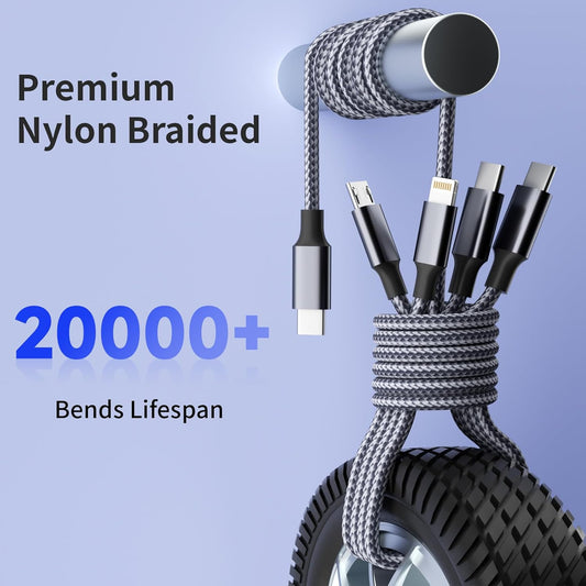 USB C Multi Charging Cable [1Pack 5FT], 4 in 1 Charging Cable Nylon Braided USB-C Multiple Charger Cord with Micro USB,IP Port and 2 Type C Adapter Port for iPhone 16/15 Series/Cell Phones and More