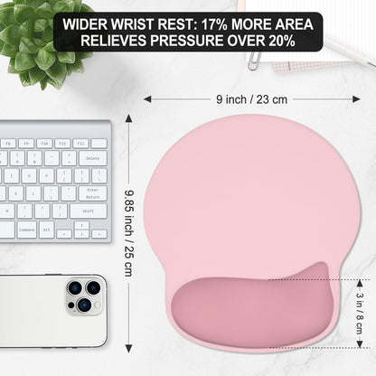 ITNRSIIET Ergonomic Mouse Pad with Wider Memory Foam Wrist Rest +17% - Curved Cushion Reduces Pressure 20%, Pain Relief, Non-Slip, Smooth, Cute Colors, 9.85 x 9 in, Pink Accent