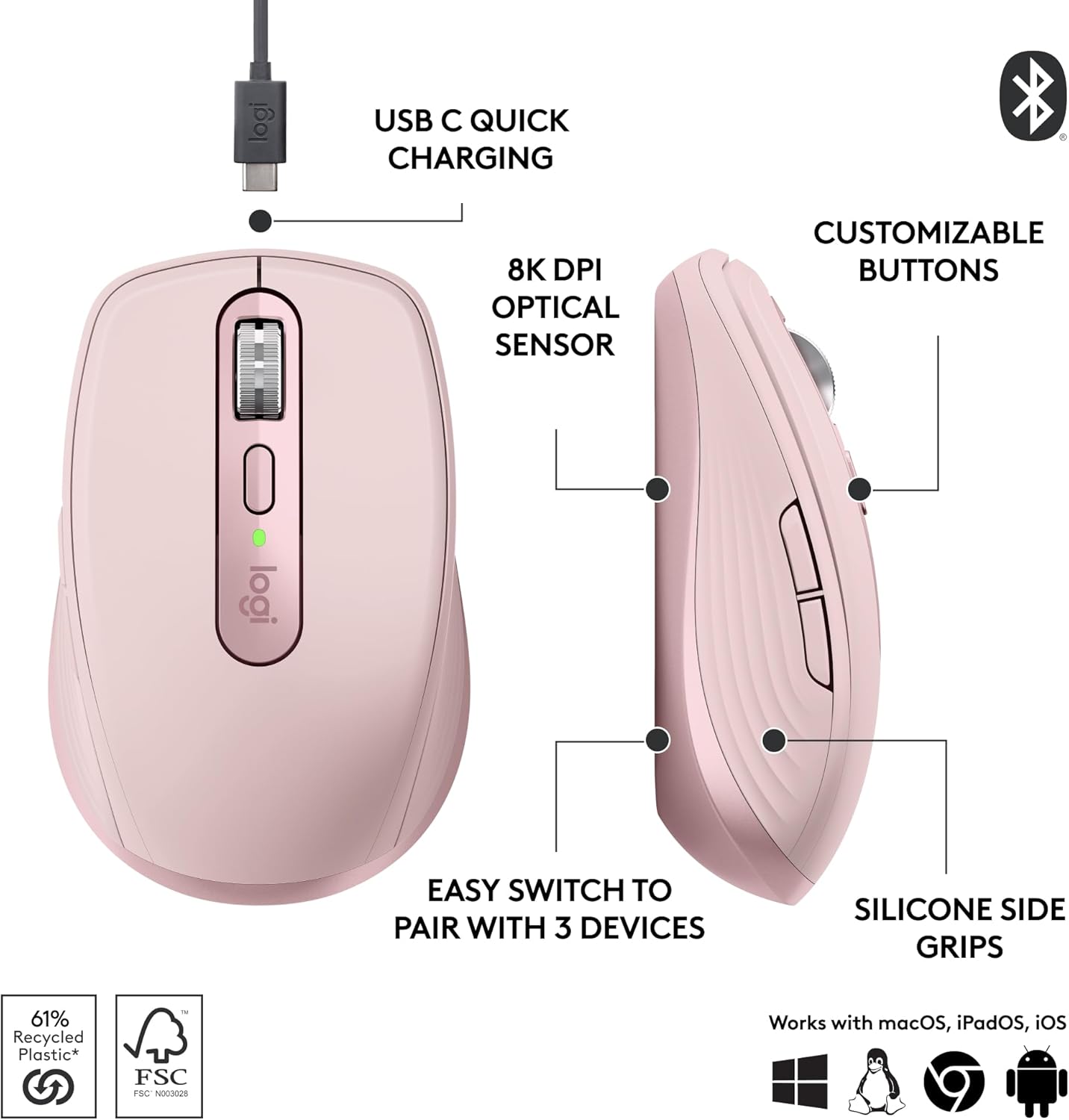 Logitech MX Anywhere 3S Compact Wireless Mouse, Fast Scrolling, 8K DPI Any-Surface Tracking, Quiet Clicks, Programmable Buttons, USB C, Bluetooth, Windows PC, Linux, Chrome, Mac - Rose