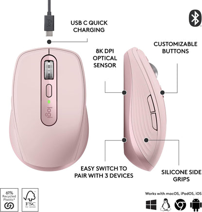 Logitech MX Anywhere 3S Compact Wireless Mouse, Fast Scrolling, 8K DPI Any-Surface Tracking, Quiet Clicks, Programmable Buttons, USB C, Bluetooth, Windows PC, Linux, Chrome, Mac - Rose
