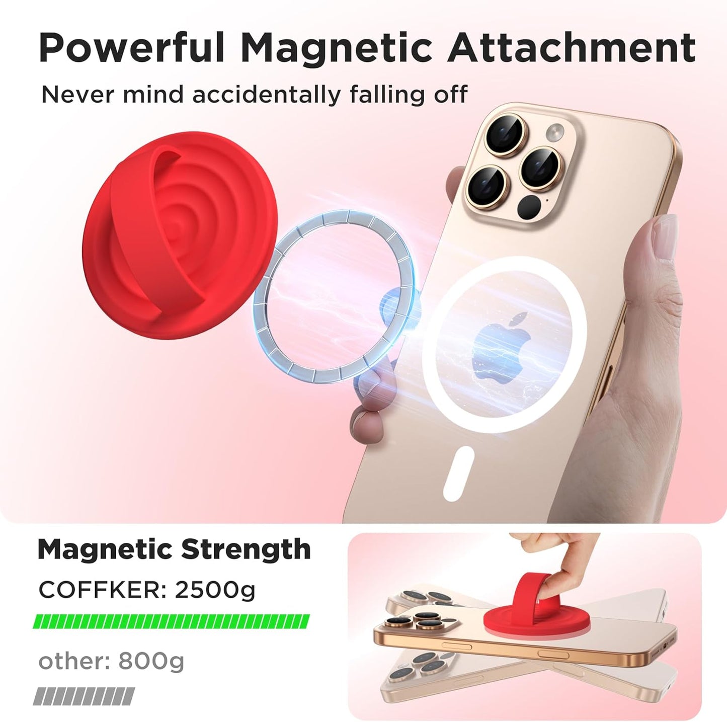 Magnetic Phone Ring Grip Holder, Silicone Finger Loop Grip, Compatible with MasSafe, Back of Phone for iPhone Pro Max/Plus/16/15/15/14/13/12 Series, Red