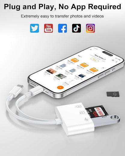 SD Card Reader for iPhone/iPad/Mac, USB C and Lightning Dual Port Memory Card Adapter, 3-in-1 Camera SD Card Viewer Support SD, Micro SD, USB 3.0 Slot, Digital Camera Adapter for Samsung and Android