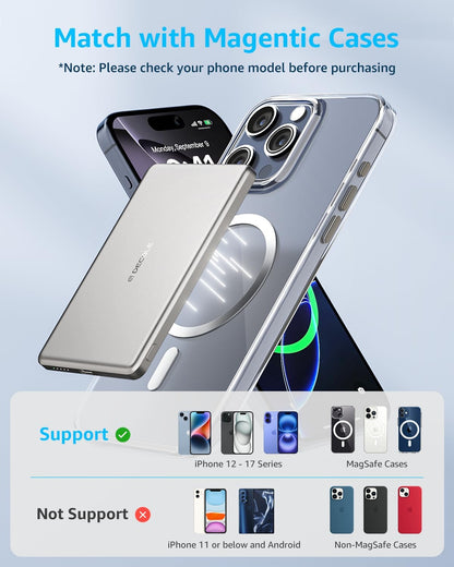 “Air” Power Bank for MagSafe 5000mAh, Ultra Slim Magnetic Wireless Portable Battery Charger Case with USB-C Cable, Compatible with iPhone 17/16/15/14/13/12 Series Only (Sliver)