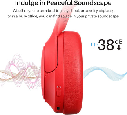 TOZO HT2 Hybrid Active Noise Cancelling Headphones, Wireless Over Ear Bluetooth Headset, 60H Playtime, Hi-Res Audio Custom EQ via App Deep Bass Comfort Fit Ear Cups, for Home Office Travel Red