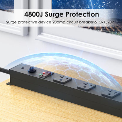 JUNNUJ Long Metal 16 Outlet Power Strip,Wide Spaced Garage Industrial Heavy Duty Power Strip,Surge Protection 4800J,Wall Mount Screws Outlet with Switch 5-15P High Amp 6-20R T-Slot (Black, 6FT)
