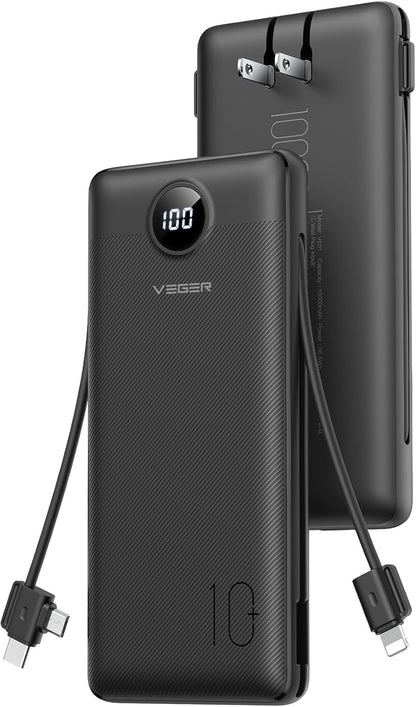 VEGER AC Wall Plug Portable Charger, 10000mah Slim Portable Charger Built in Cables, USB C Power Bank 15W Fast Charging, Travel Essential Battery Pack Compatible with iPhone, Android and More(Black)