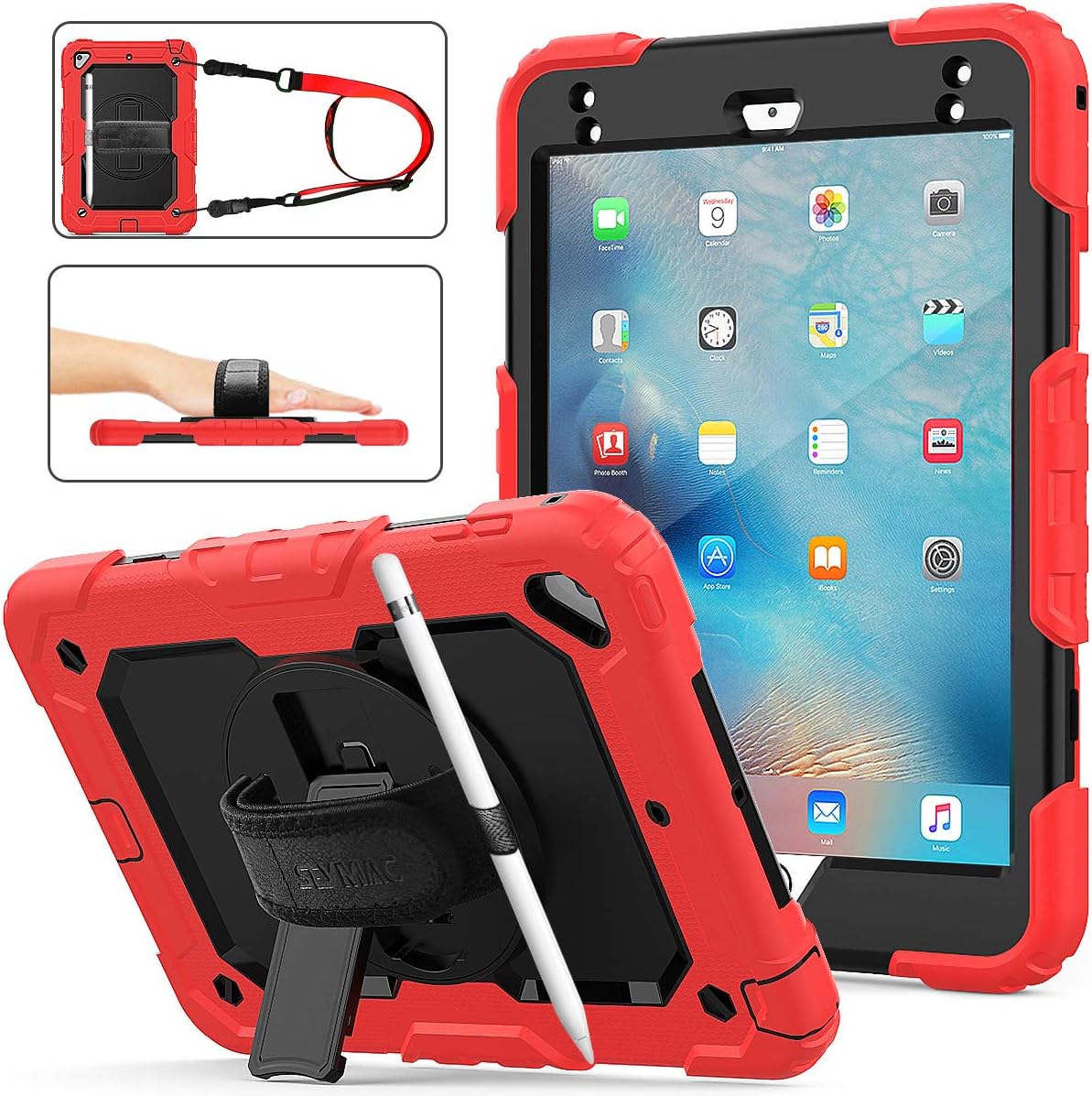 SEYMAC stock Case for iPad mini 5/4 with Screen Protector Pencil Holder [360 Rotating Hand Strap] & Stand, Drop-Proof Case for iPad mini 5th/4th Generation 7.9 inch (Black+Red)
