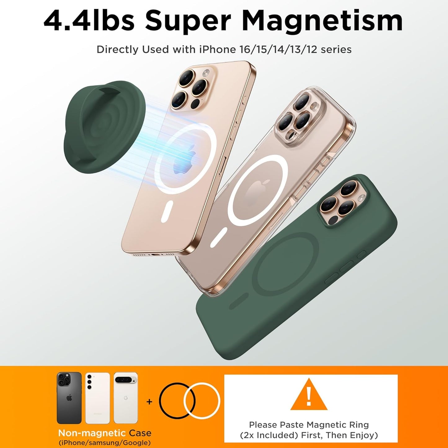 Magnetic Phone Ring Grip Holder, Silicone Finger Loop Grip, Compatible with MasSafe, Back of Phone for iPhone Pro Max/Plus/16/15/15/14/13/12 Series, Alpine Green