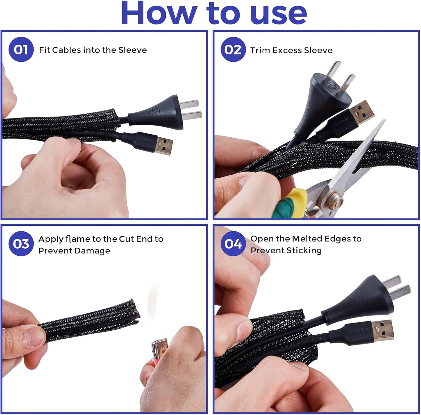 Cable Management Sleeves 1.2in - 2 Pack 4.1ft Split Braided Cable Sleeve Black, Hard PE Cord Protectors from Pets, Wire Organizers for Cords, Flexible Cord Wrap Wire Sleeve for Computer Cord Organizer