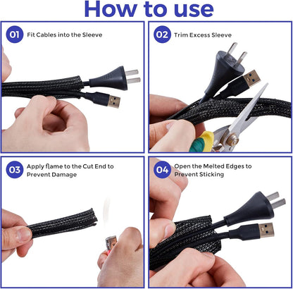 Cable Management Sleeves 1.2in - 2 Pack 4.1ft Split Braided Cable Sleeve Black, Hard PE Cord Protectors from Pets, Wire Organizers for Cords, Flexible Cord Wrap Wire Sleeve for Computer Cord Organizer