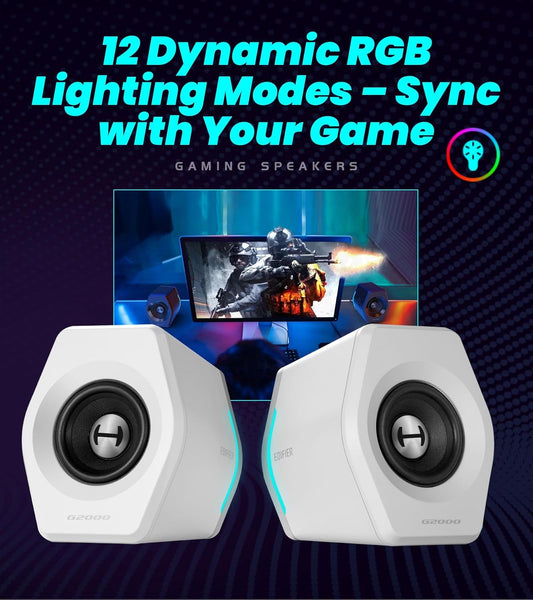 Edifier Hecate RGB Gaming Speakers, 32W Peak Power, Bluetooth 5.1, Game/Movie/Music Modes, 12 RGB Lighting Effects, Compact Design for PC/PS4/Desktop - White