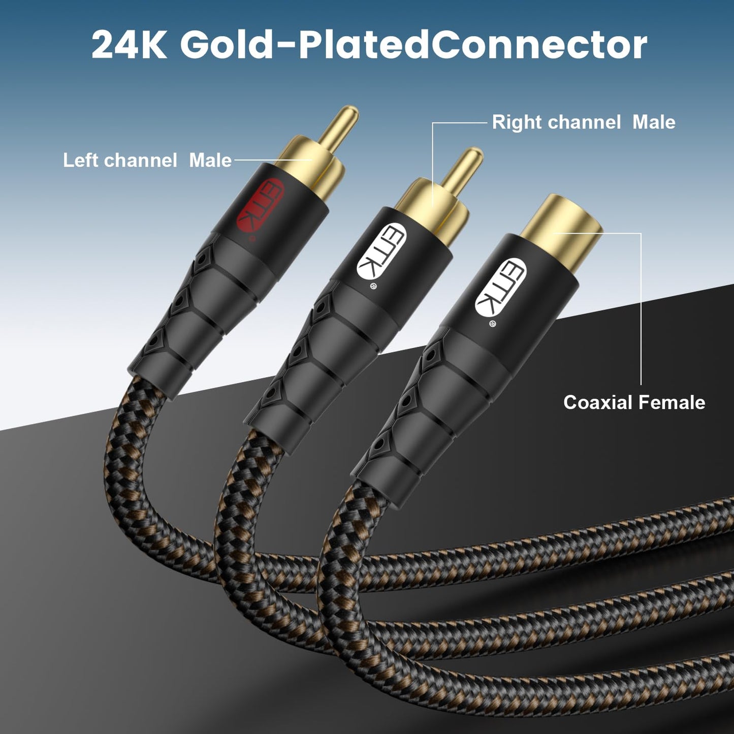 EMK RCA Splitter 2 Male to Female Extension Cable Dual Shielding Gold Plated Nylon Braided RCA Splitter 1 Female to 2 Male Cord Adapter Black/1ft/30CM