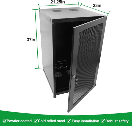 18U Server Cabinet Wall Mount Rack Enclosure with Caster Wheels 2 Server Fans Locking Grid Gate Removable Side Panels 19" Network Cabinet 15-18.5" Installation Depth Heavy-Duty Frame (37INCH, 18U)
