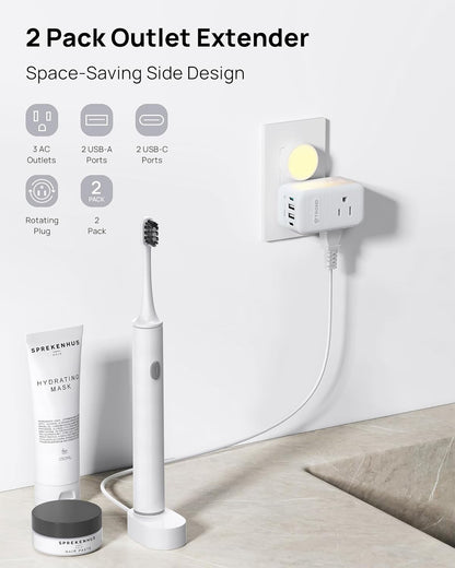 TROND Multi Plug Outlet Extender 2 Pack, 3 Way Outlet Splitter with 360 Rotating Plug, PD 20W USB C Charger Station, Sideways Adapter for Kitchen Bathroom Cruise Ship Travel Essentials