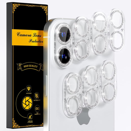 beuxece for 6 Pack iPhone 16 / iPhone 16 Plus Camera Lens Protector [Drop Protection] [Case Friendly] [Easy Installation] 9H Tempered Glass Camera Screen Protector Cover Accessories, Glitter Silver