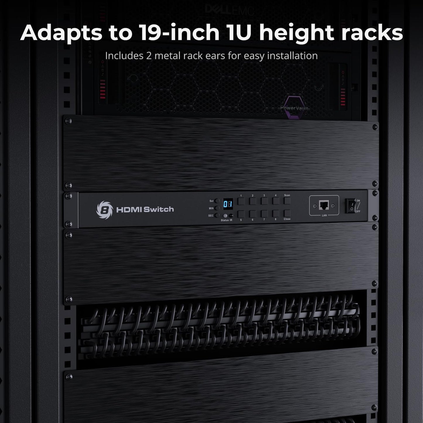 TESmart 8×1 HDMI Switch 8 in 1 Out 4K @ 60Hz HDCP with 19-inch Rack-Ears | RS-232 / LAN Control | IR Remote Control and Auto Switch | Auto Scan Time Interval - Black