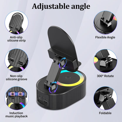 Wireless Induction Audio Bluetooth Speaker 5in1 Phone Holder Emergency Rechargeable (3000mAh) with Colorful Ambient Light 300° Foldable for Tablet iPhone Android, Gifts for Men Women (Black)