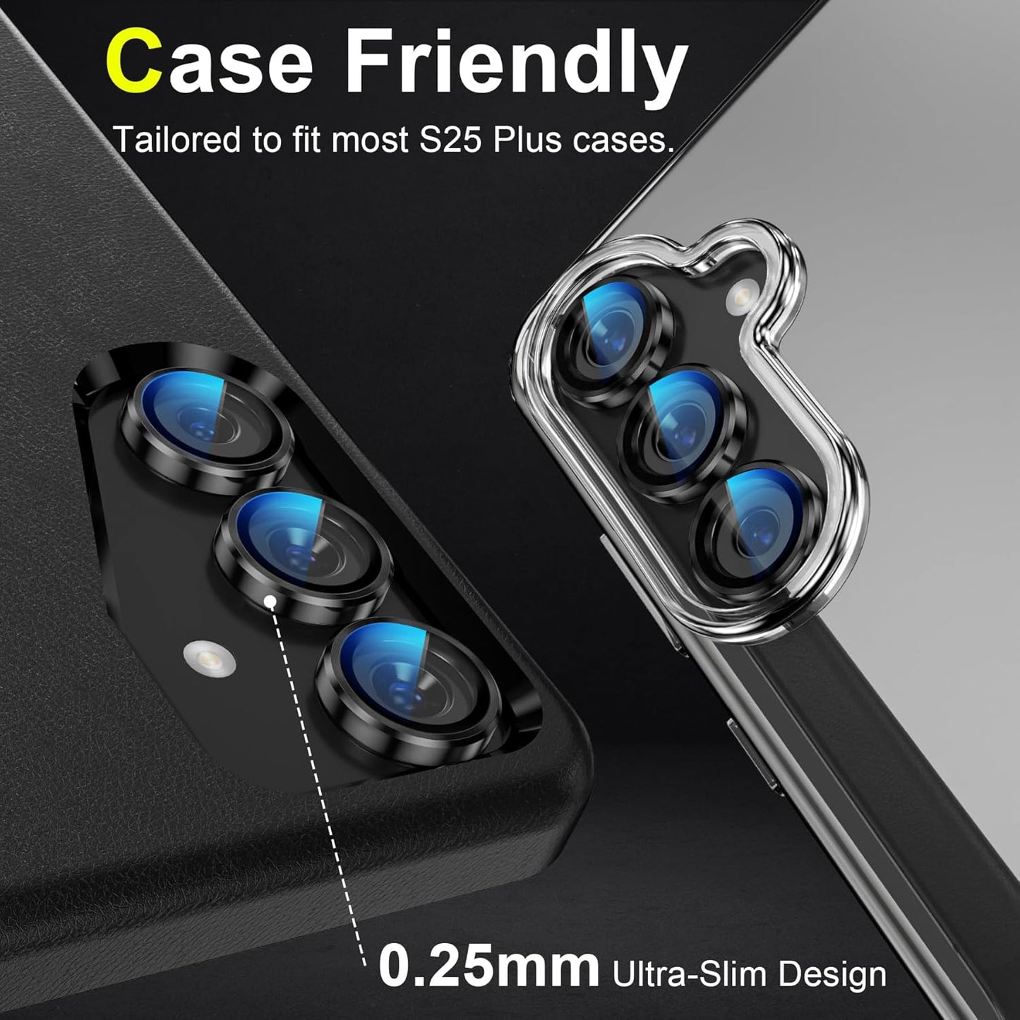 YWXTW Camera Lens Protector for Samsung Galaxy S25+ Plus Accessories [1:1 Fit & Ultra Clarity] 9H Tempered Glass Metal Individual Ring Camera Cover Screen Protector, Case Friendly (Black)