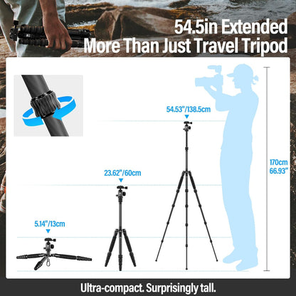 SIRUI Lightweight Carbon Fiber Travel Tripod, 6kg Load Capacity Compact Camera Support with Carry Bag, Portable for DSLR Mirrorless Cameras, Max Height 54" for Hiking Vacation Vlogging
