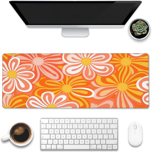Desk Pad - Hippie Vintage Orange Flowers Desk Mat, Retro Floral Large Gaming Mouse Pad with Non-Slip Base and Stitched Edge, 31.5"x11.8"