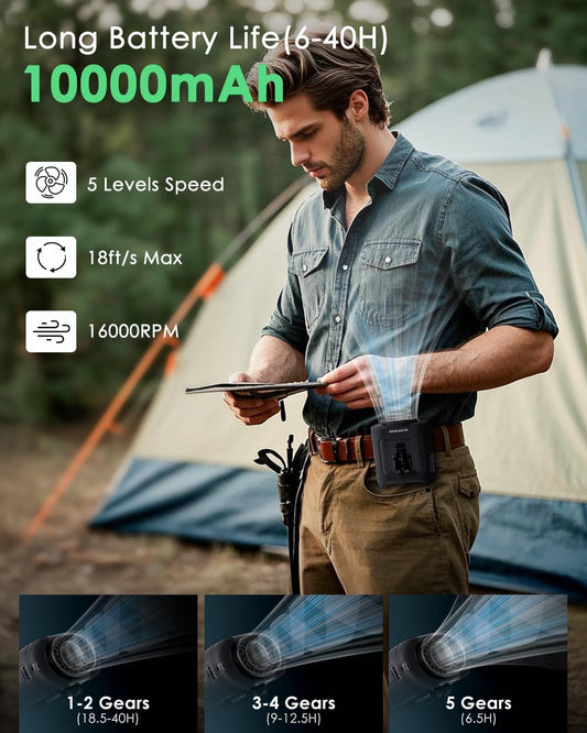 Portable Waist Fan Clip on, Personal Wearable Belt Fan 10000mAh Rechargeable Battery Under Shirt,5 Speeds with light, Neck Fan Hands-Free Cooling For Outdoor Camping Travel (Black)