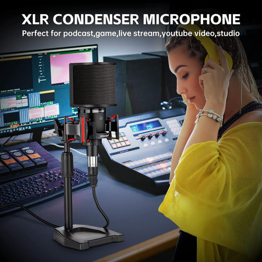 XLR Podcast Microphone Professional Cardioid Condenser Microphone for PC Computer Studio XLR Mic Kit for Recording/Podcasting/Streaming/Voice Over/ASMR/Home Studio/YouTube with Desktop Stand