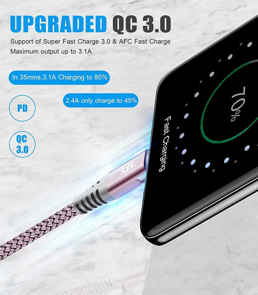 sweguard USB Type C Charger Cable [3-Pack,10ft+6.6ft+3.3ft] iPhone 16 Charger Nylon Braided Cord for iPhone 16 15 Pro Max Plus Samsung Galaxy S24 S23 S22 S21 S20 S10 Note 20 10 A54 Pixel LG Moto PS5