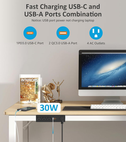 Under Desk Power Strip with 3M Adhesive, Removable Under Desktop Mount Plug with 30W Fast Charging USB C and USB A Ports, 4 Outlet Under Table Surge Protector 1200J, 10FT Extension Cord. (Black)