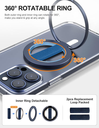 EWA MagOne Ultra Phone Grip Stand with Replaceable Elastic Finger Loop, Removable Magnetic Ring Holder Kickstand Loop, Double-Sided Magnetic Accessories for iPhone 16, 15, 14, 13 Pro/Max/Plus-Blue