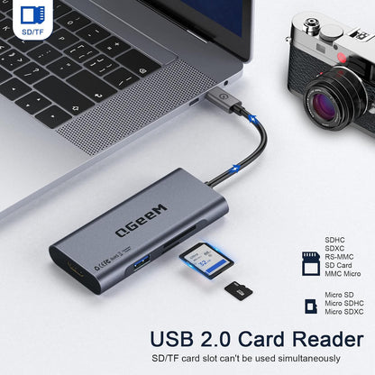 USB C Hub, QGeeM USB 4k to HDMI Adapter, 7 in 1 USB-C Dongle with 100W PD,USB 3.0, Card Reader, Compatible for MacBook iPhone 15/16 Ipad Pro max,Chromebook Laptop USB Type C Dock-Classic Grey