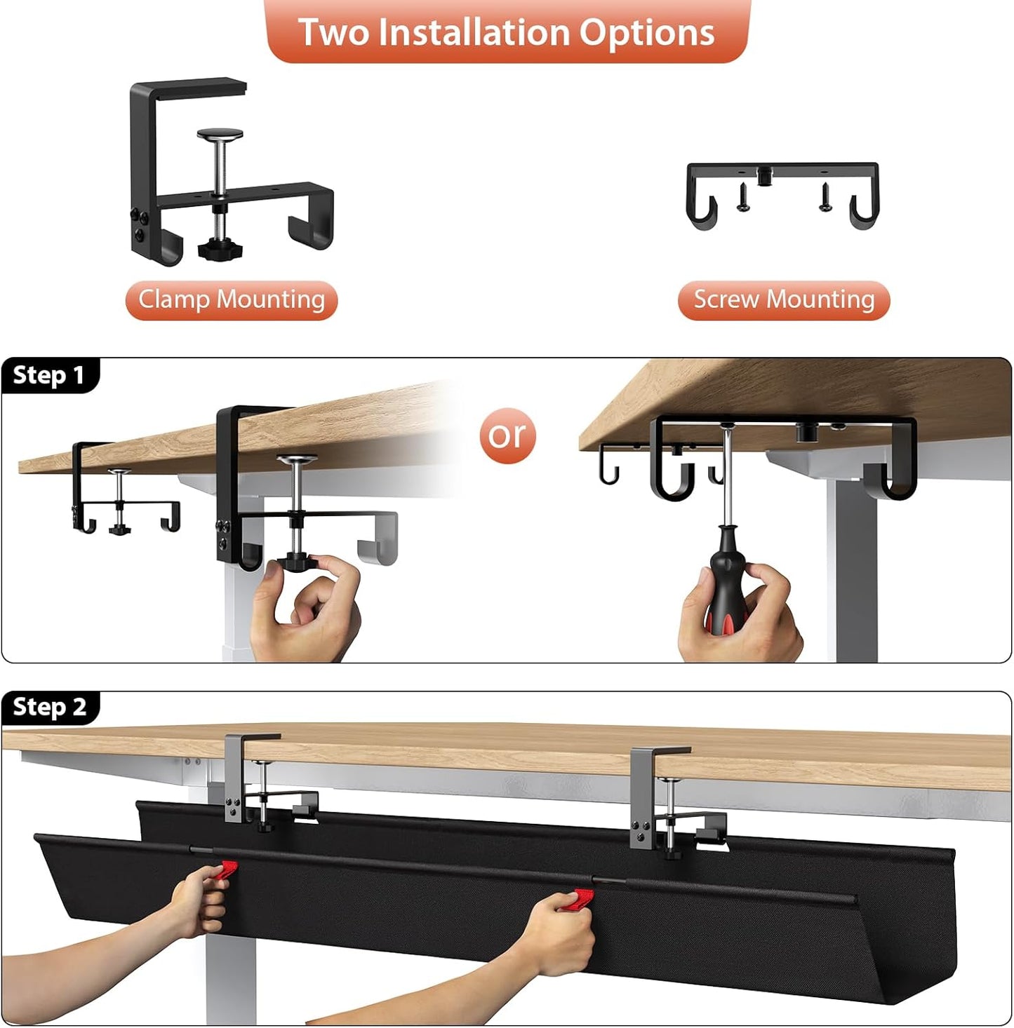 Univivi No Drill Under Desk Cable Management Tray, 48" Cord Organizer for Table, Clamp/Screw Mount Desk Cable Management, Premium Fabric Cable Management Tray for Office, Home (Extra Large)