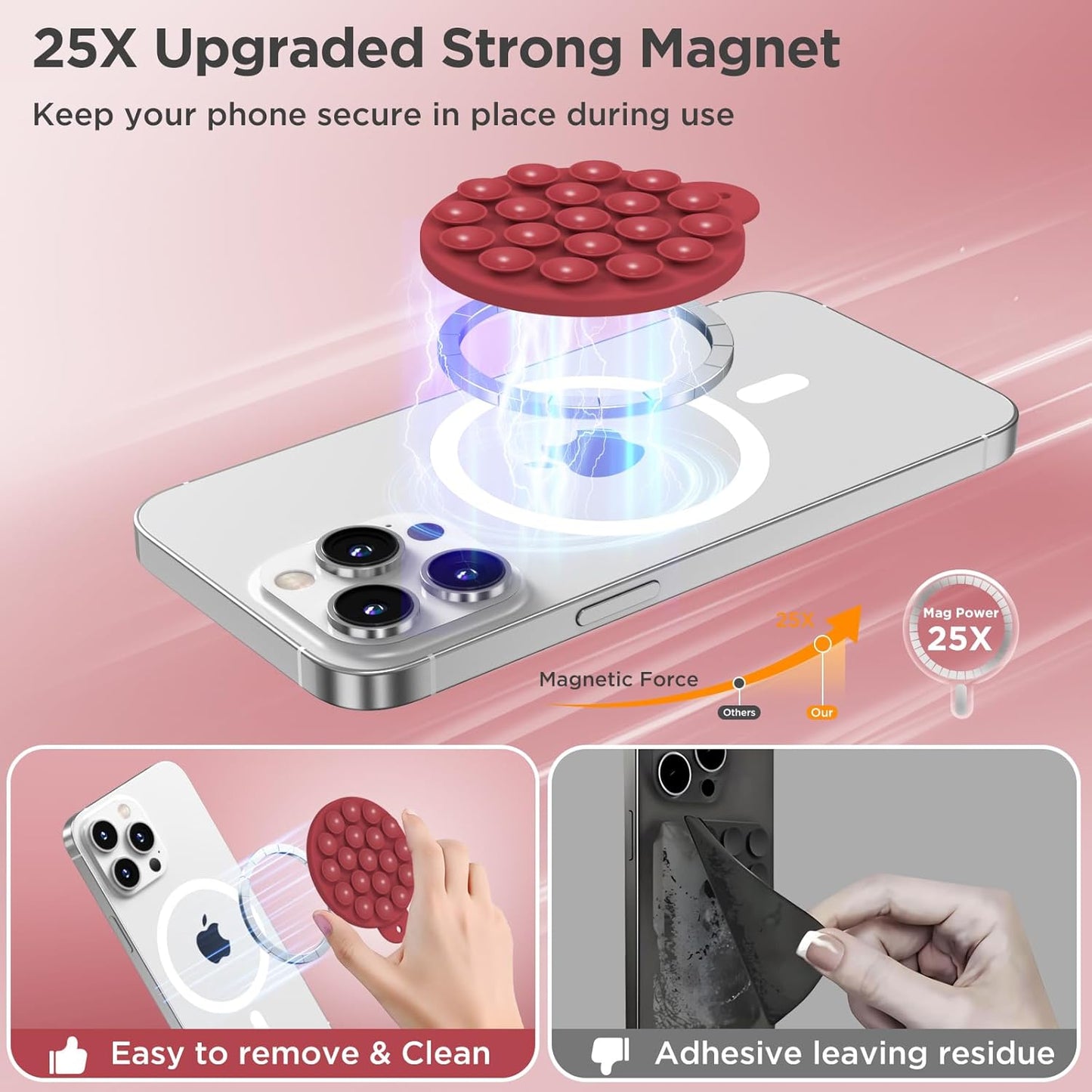Magnetic Suction Cup Phone Mount for MagSafe Case, Silicone Hands-Free Grip Holder for iPhone and Android, Mirror Shower Phone Stand for Makeup FaceTime Gym Kitchen Bathroom, Deep Red