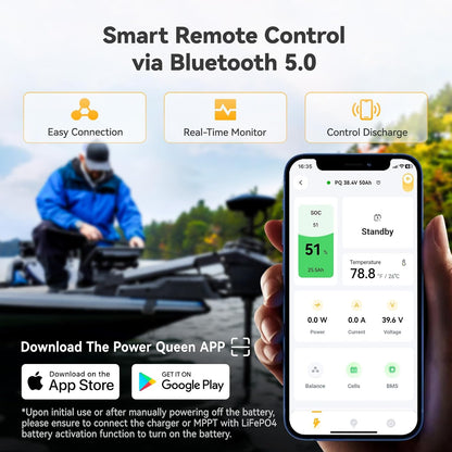 Power Queen 36V50Ah LiFePO4 Battery with Bluetooth 5.0 Remote Control, Low-temperature Protection, 1920Wh Energy, Deep Cycle Lithiumn Battery for 36V Trolling Motor Up To 120 lb