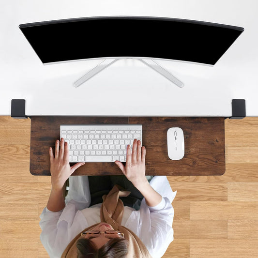 Keyboard Tray Under Desk with Drawer,26.77" X 11.81"Large Size Keyboard Tray with C Clamp-on Mount, Easy to Install, for Home Office (Mahogany)