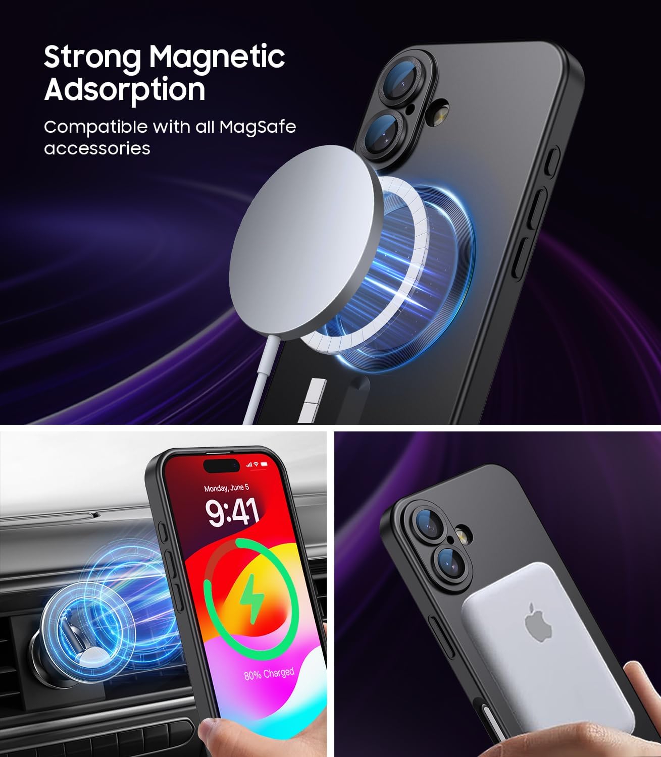 Magnetic for iPhone 16 Case [Compatible with MagSafe][Built-in Camera Lens Protector] Slim Soft Silicone Bumper Shockproof Metallic Luster Phone Case (Black)