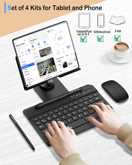 for Samsung Galaxy Z Fold 7 6 5 4 All Fold Smartphones Bluetooth Keyboard and Mouse Set, Portable Travel Keyboard Adjustable Foldable Aluminum Alloy Stand Holder with Pen for 4.7"-8.5" Mini Tablets